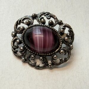 Vintage Purple Porphyry Slag Glass Cabochon Silver Tone Open Work Brooch Pin